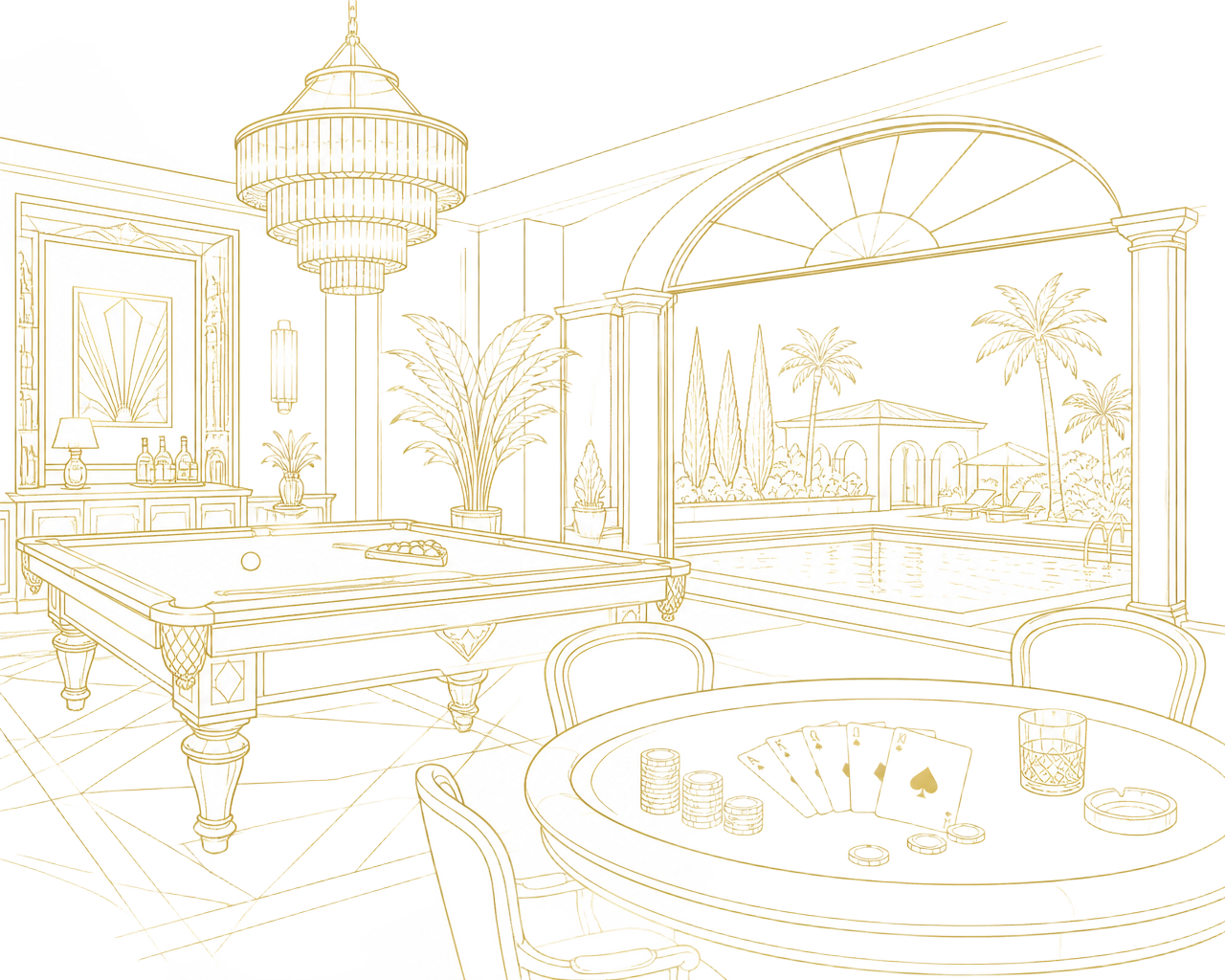 Gold line illustration of a private villa with billiards, poker and a pool
