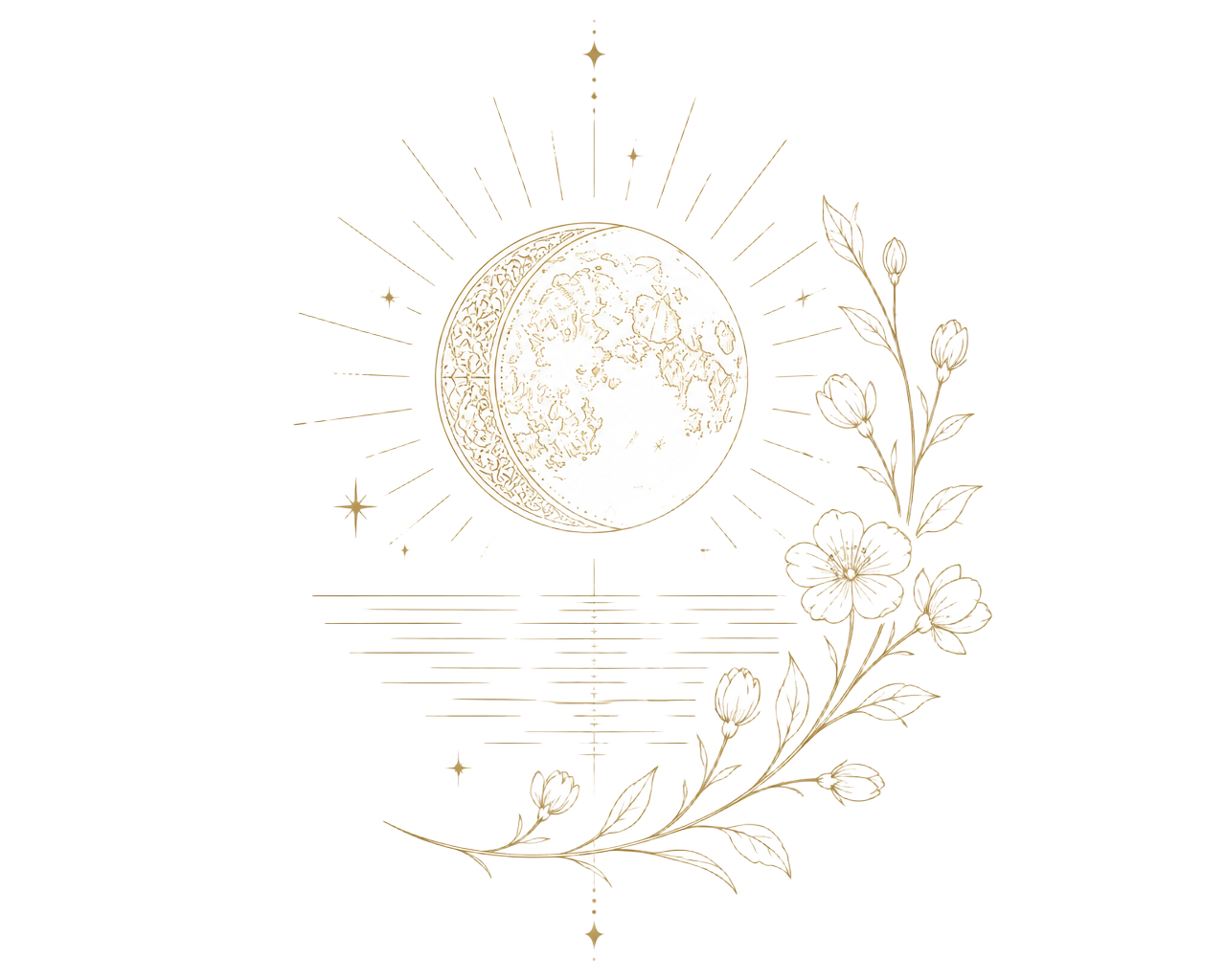 Gold line illustration of a full moon rising over a still sea